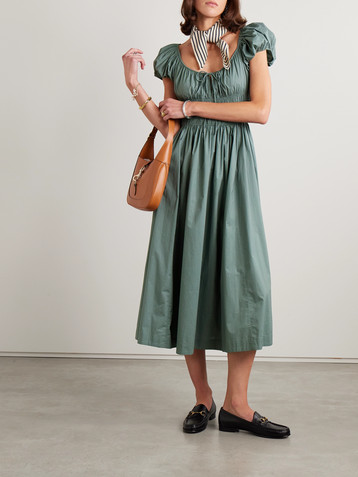 Dôen Quinn tie-detailed shirred organic cotton-poplin midi dress