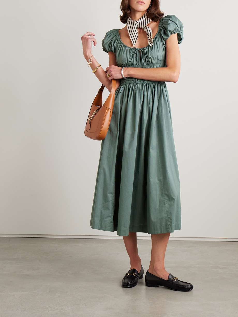 quinn tie-detailed shirred organic cotton-poplin midi dress