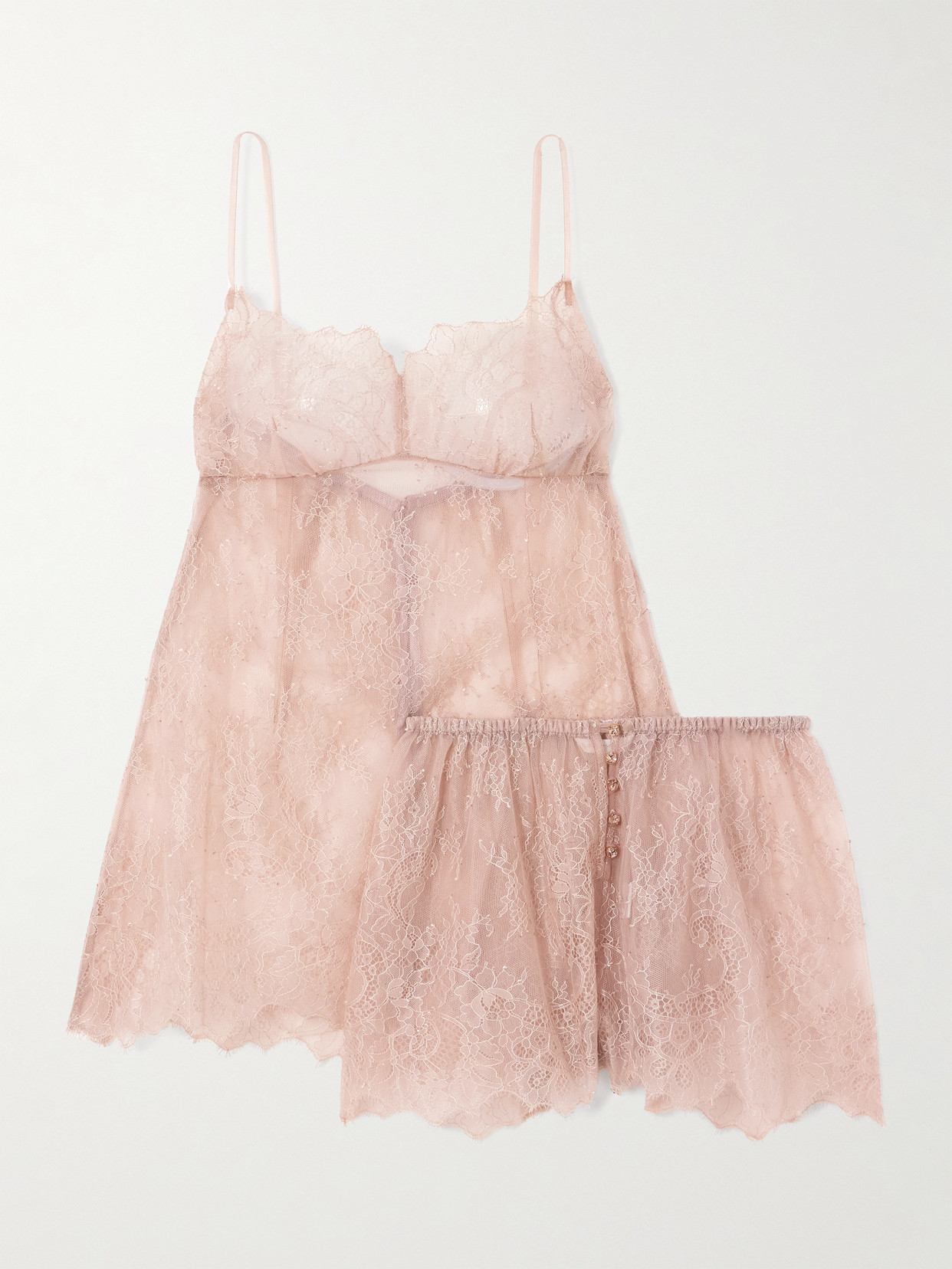 Rosamosario Embellished Silk-lace Chemise And Shorts Set In Pink