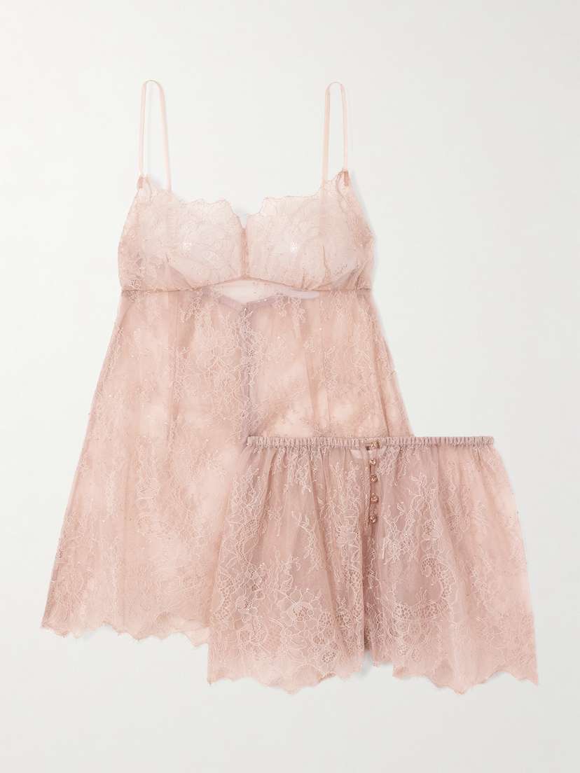 Rosamosario Embellished Silk-lace Chemise And Shorts Set