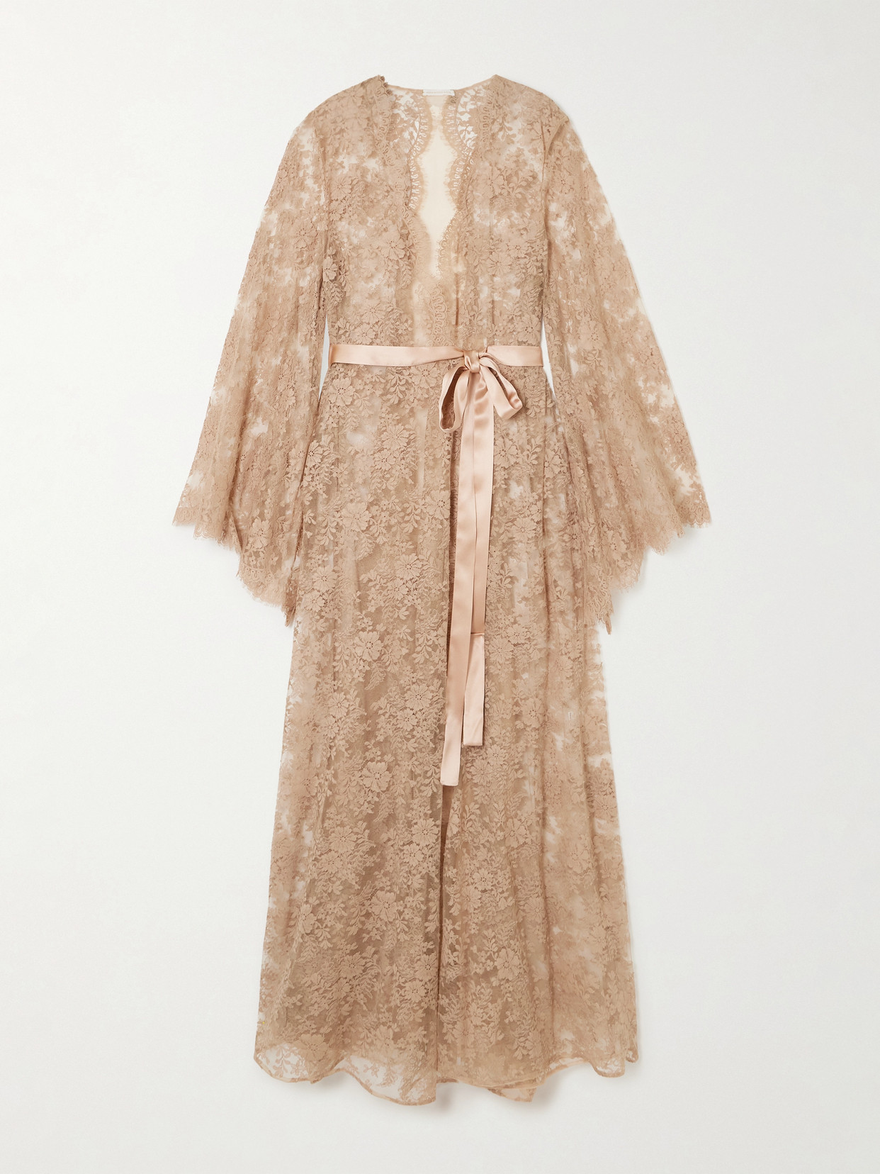Rosamosario Classic Love Belted Satin-trimmed Cotton-blend Lace Dressing Gown In Neutrals