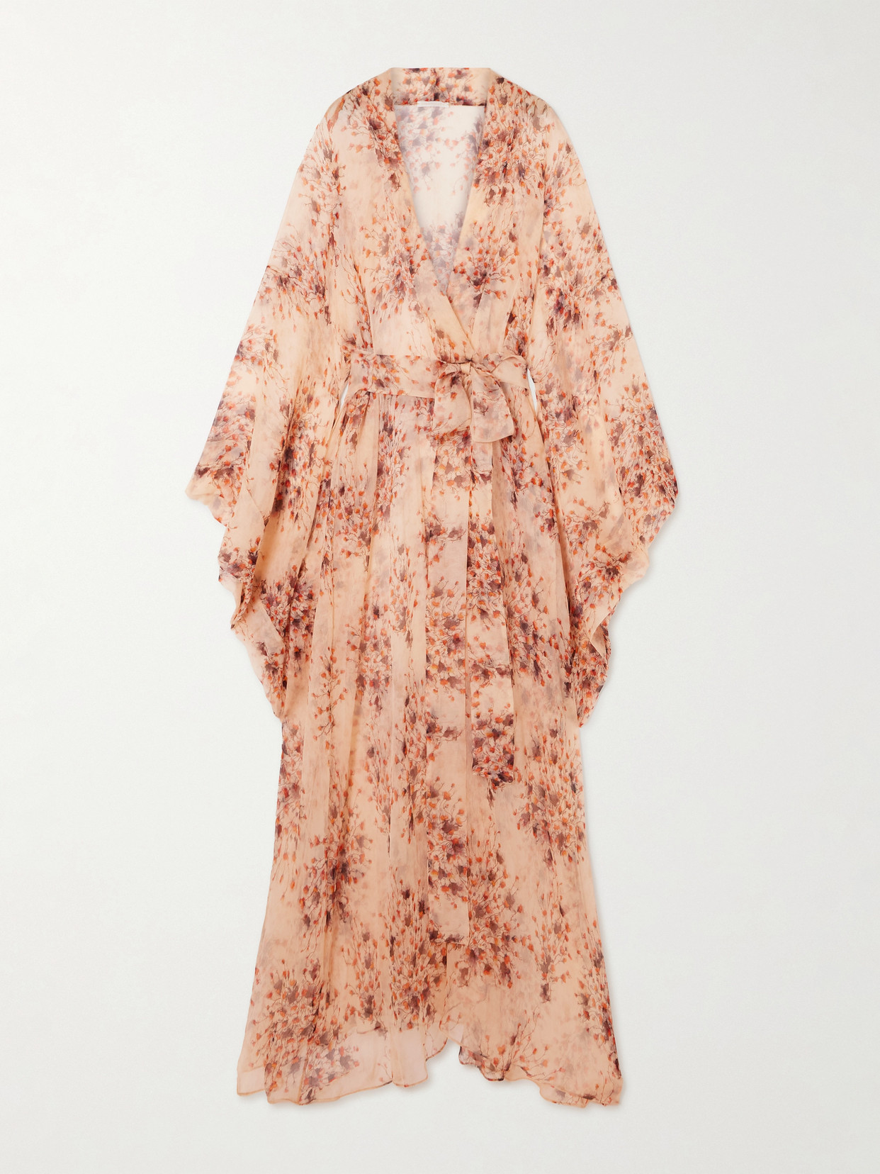 Rosamosario Midsummer Breeze Belted Floral-print Silk-chiffon Dressing Gown In Neutrals
