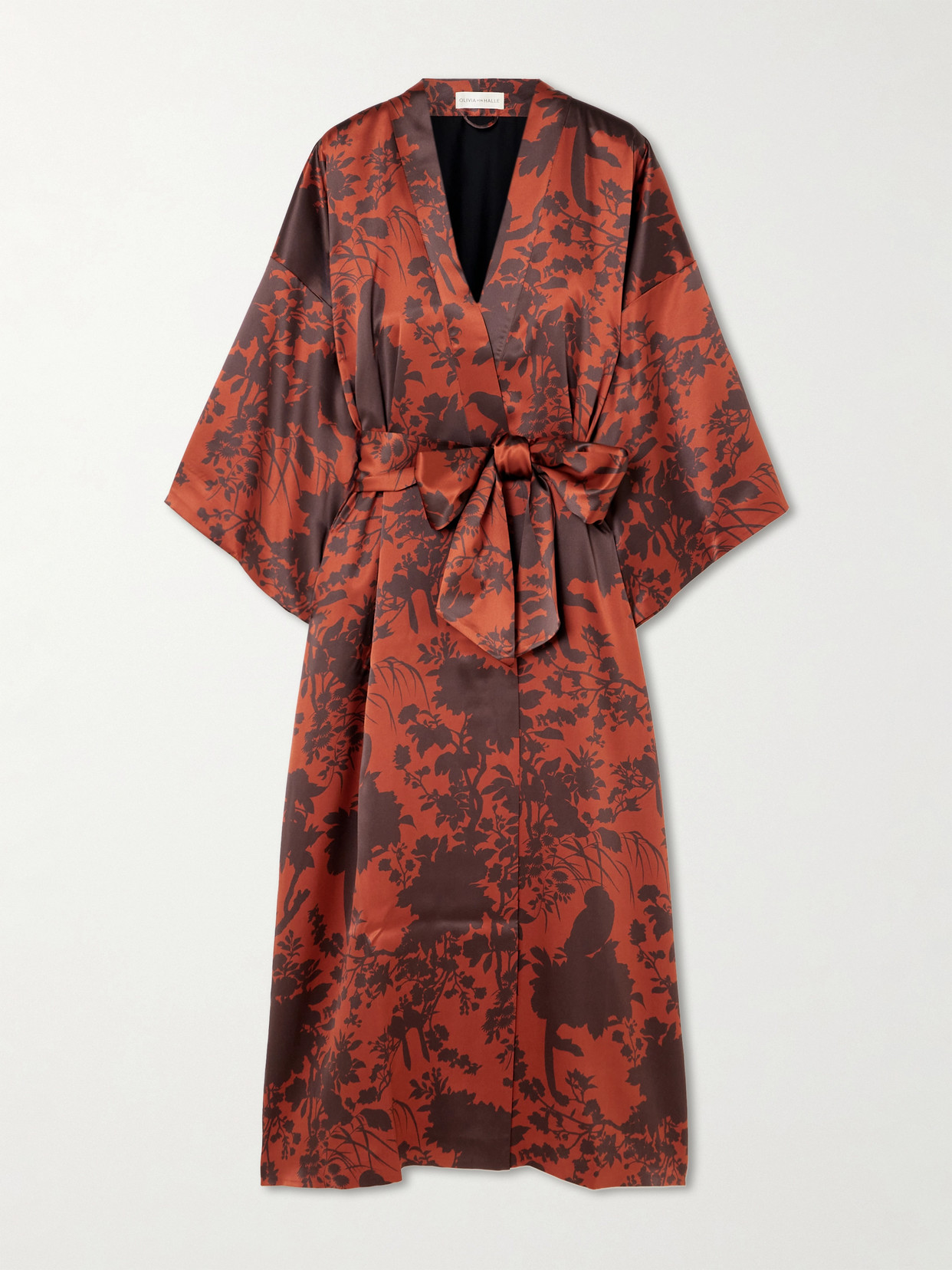 Olivia Von Halle Queenie Belted Floral-print Silk-satin Dressing Gown In Burgundy