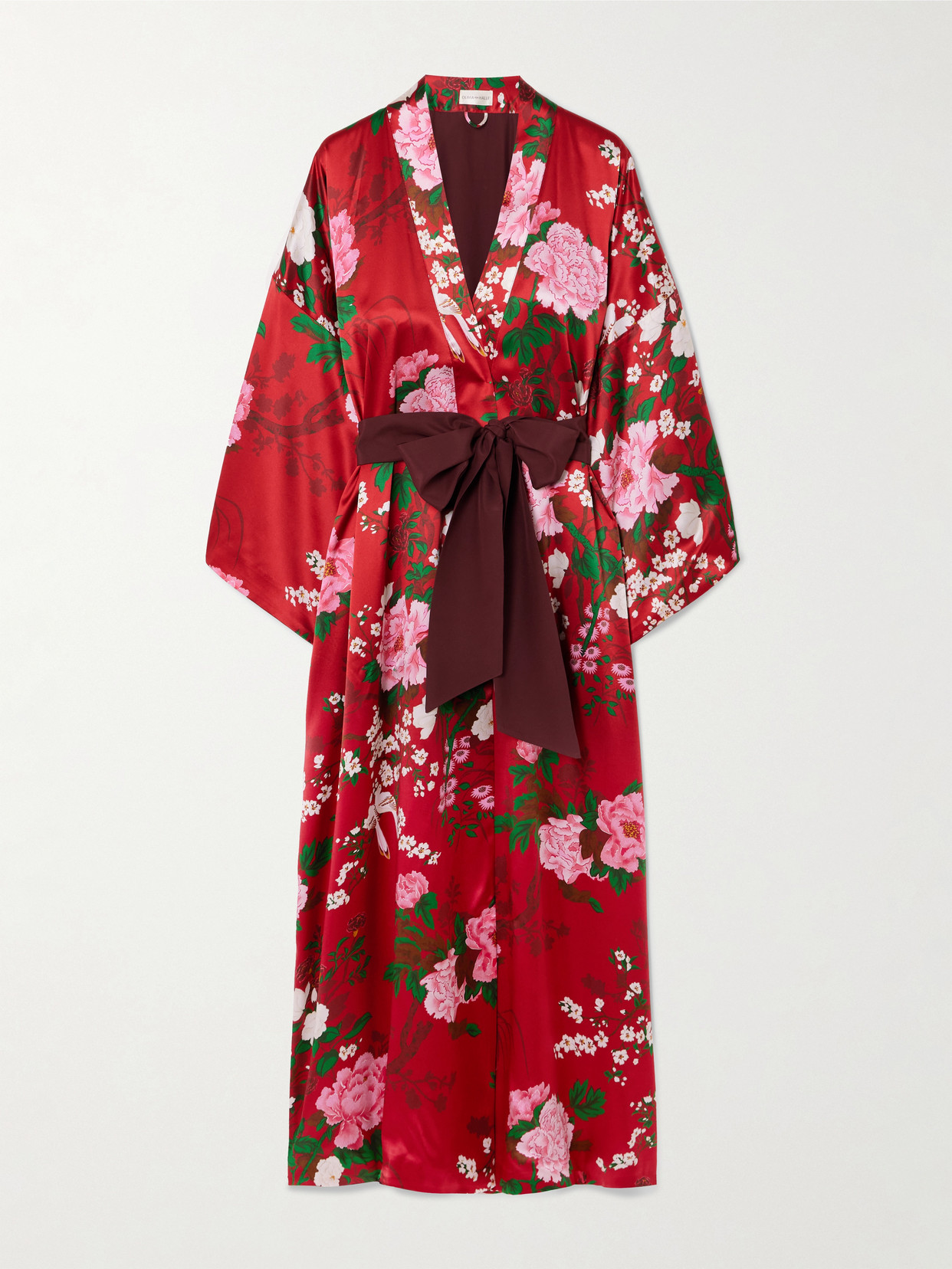 Olivia Von Halle Queenie Belted Floral-print Silk-satin Robe In Red