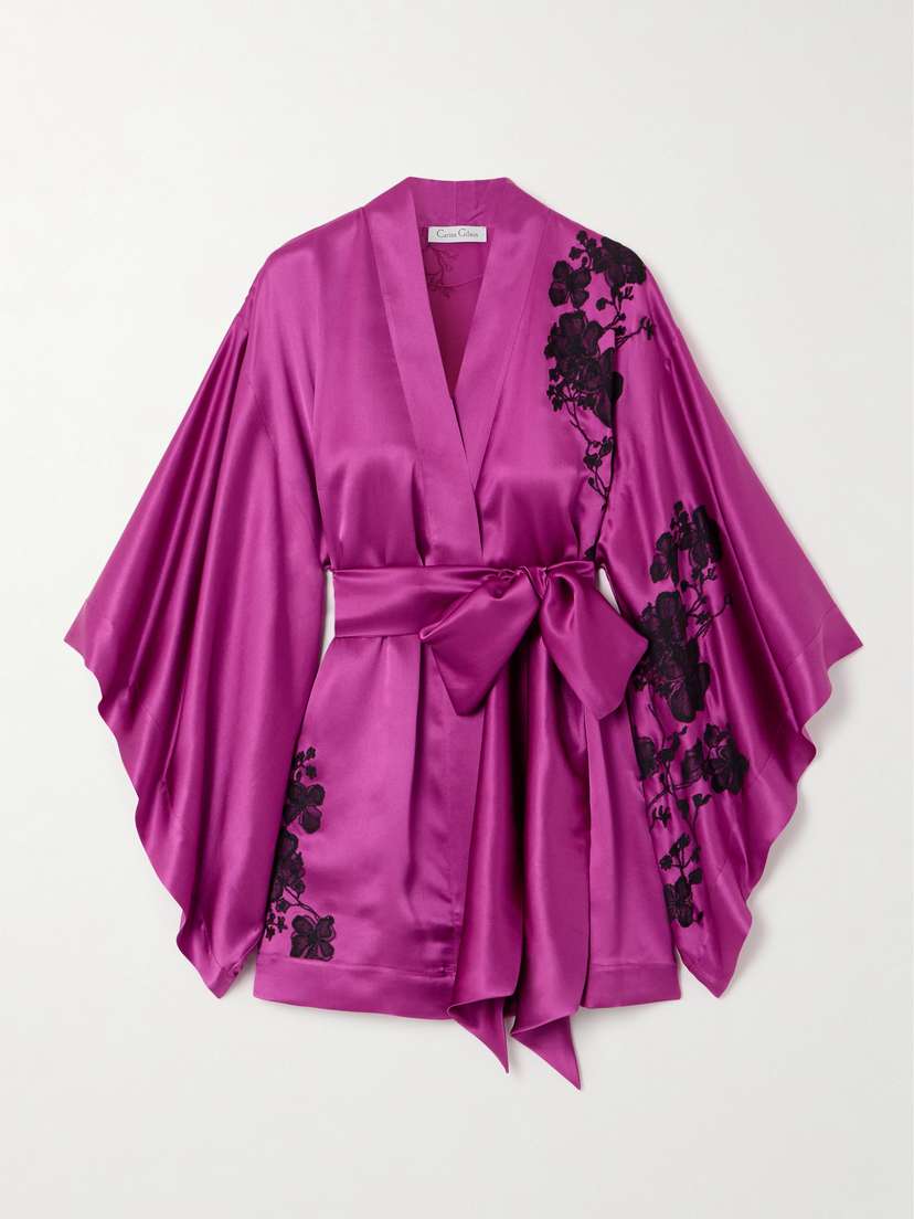 Carine Gilson Belted Lace-trimmed Silk-satin Robe