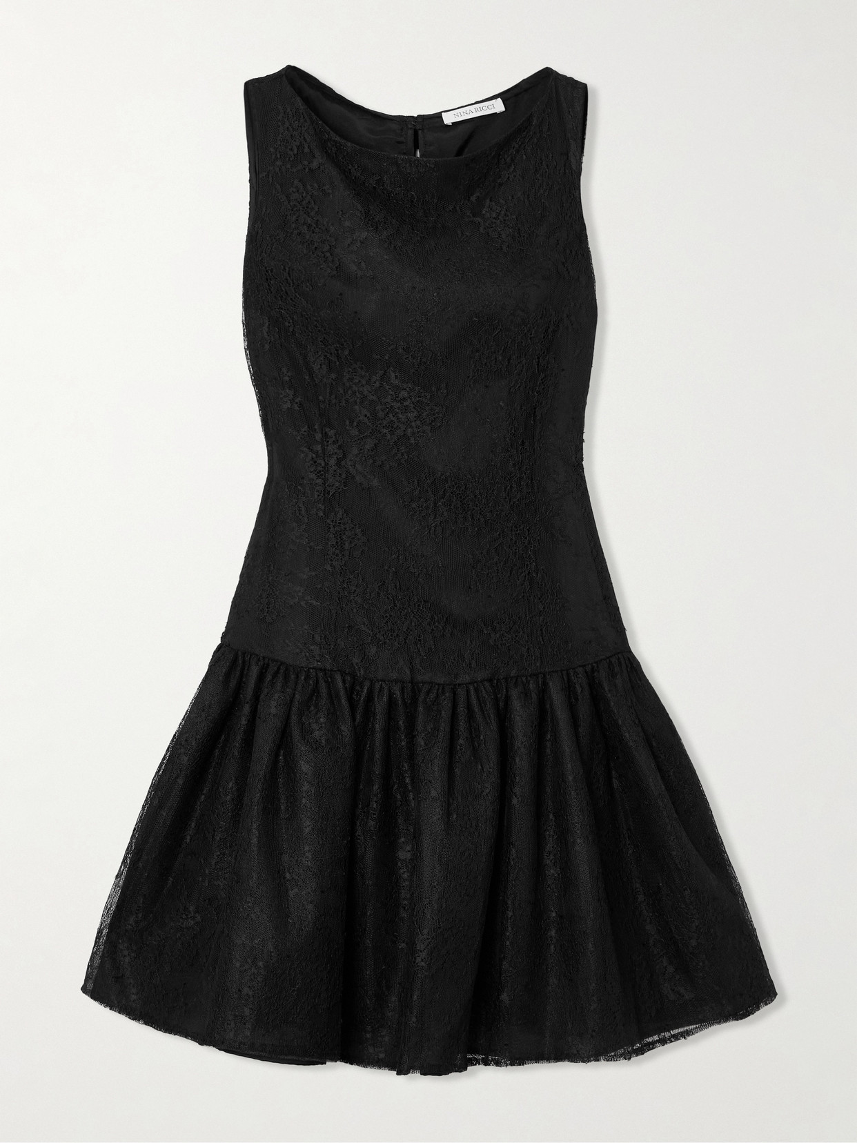 Nina Ricci - Velvet-trimmed Bow-detailed Gathered Chantilly Lace Mini Dress - Black
