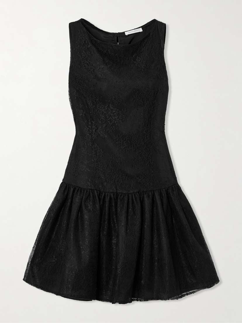 Nina Ricci Velvet-trimmed Bow-detailed Gathered Chantilly Lace Mini Dress