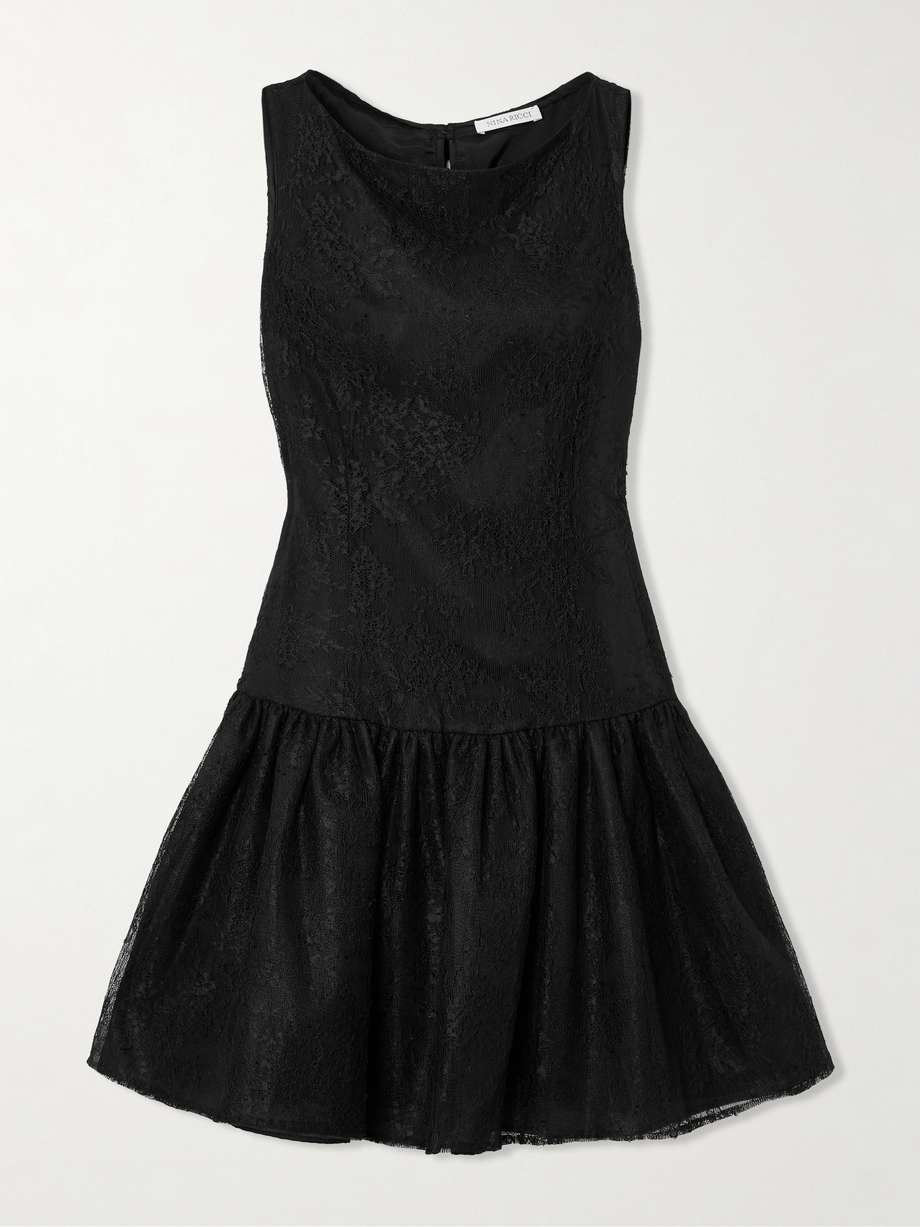velvet-trimmed bow-detailed gathered chantilly lace mini dress