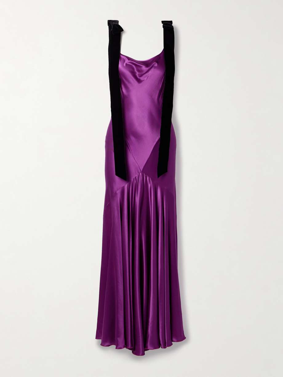 tie-detailed velvet-trimmed paneled satin maxi dress