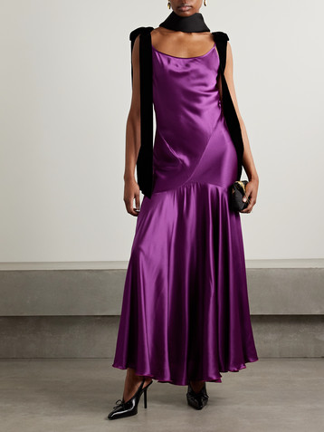 Nina Ricci Tie-detailed velvet-trimmed paneled satin maxi dress