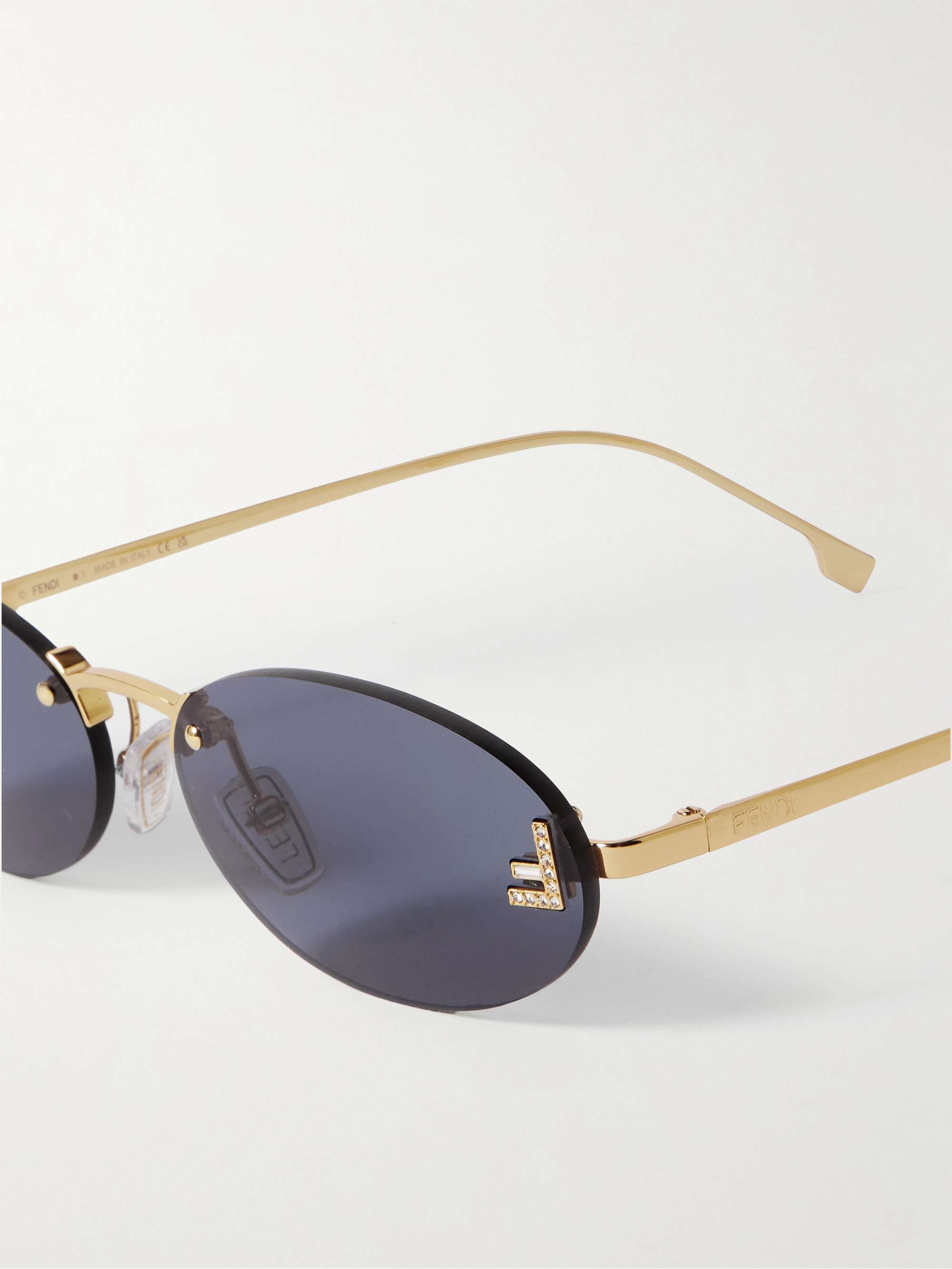 FENDI EYEWEAR Oval-frame crystal-embellished silver-tone sunglasses