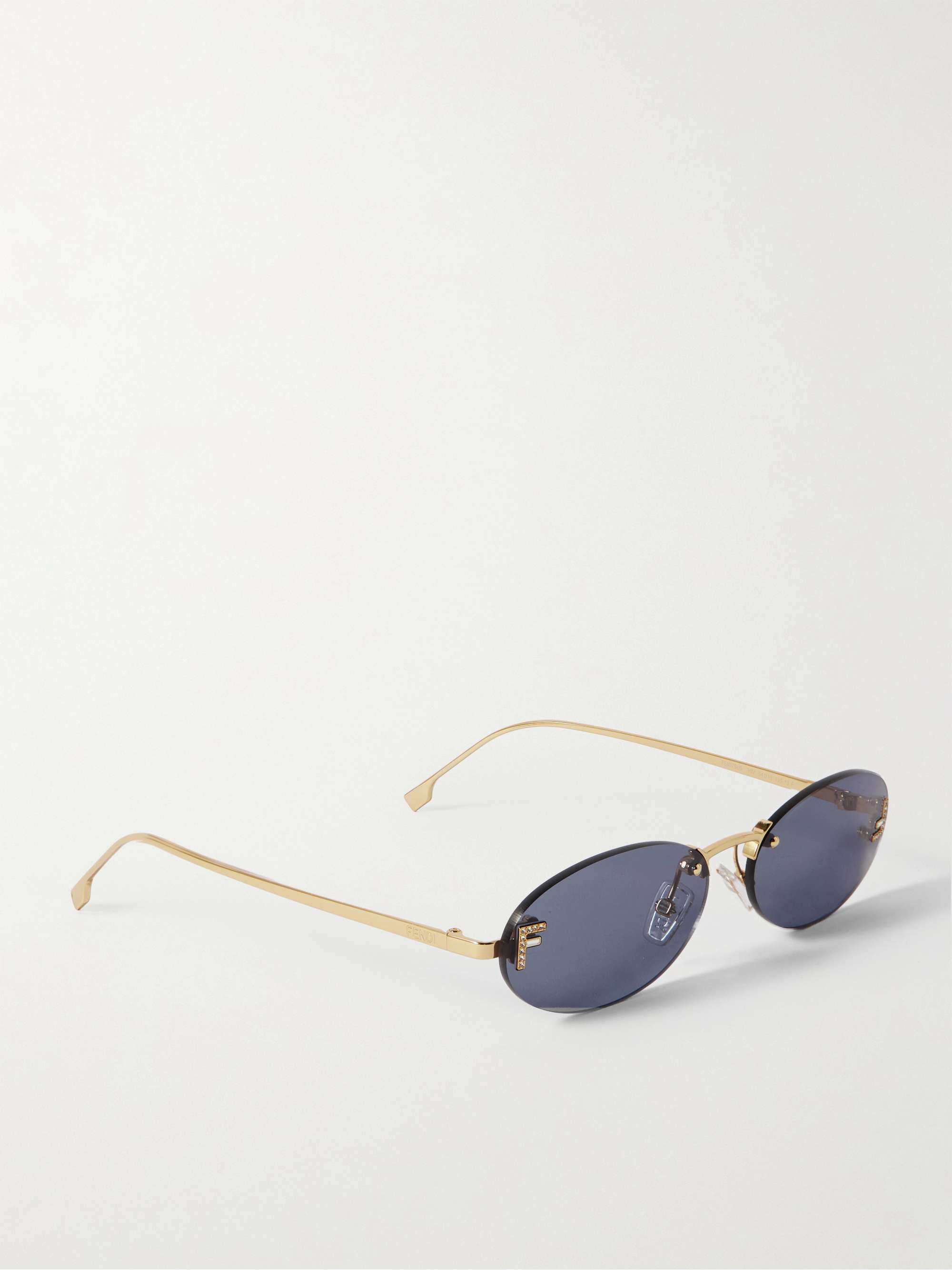 FENDI EYEWEAR Oval-frame crystal-embellished silver-tone sunglasses
