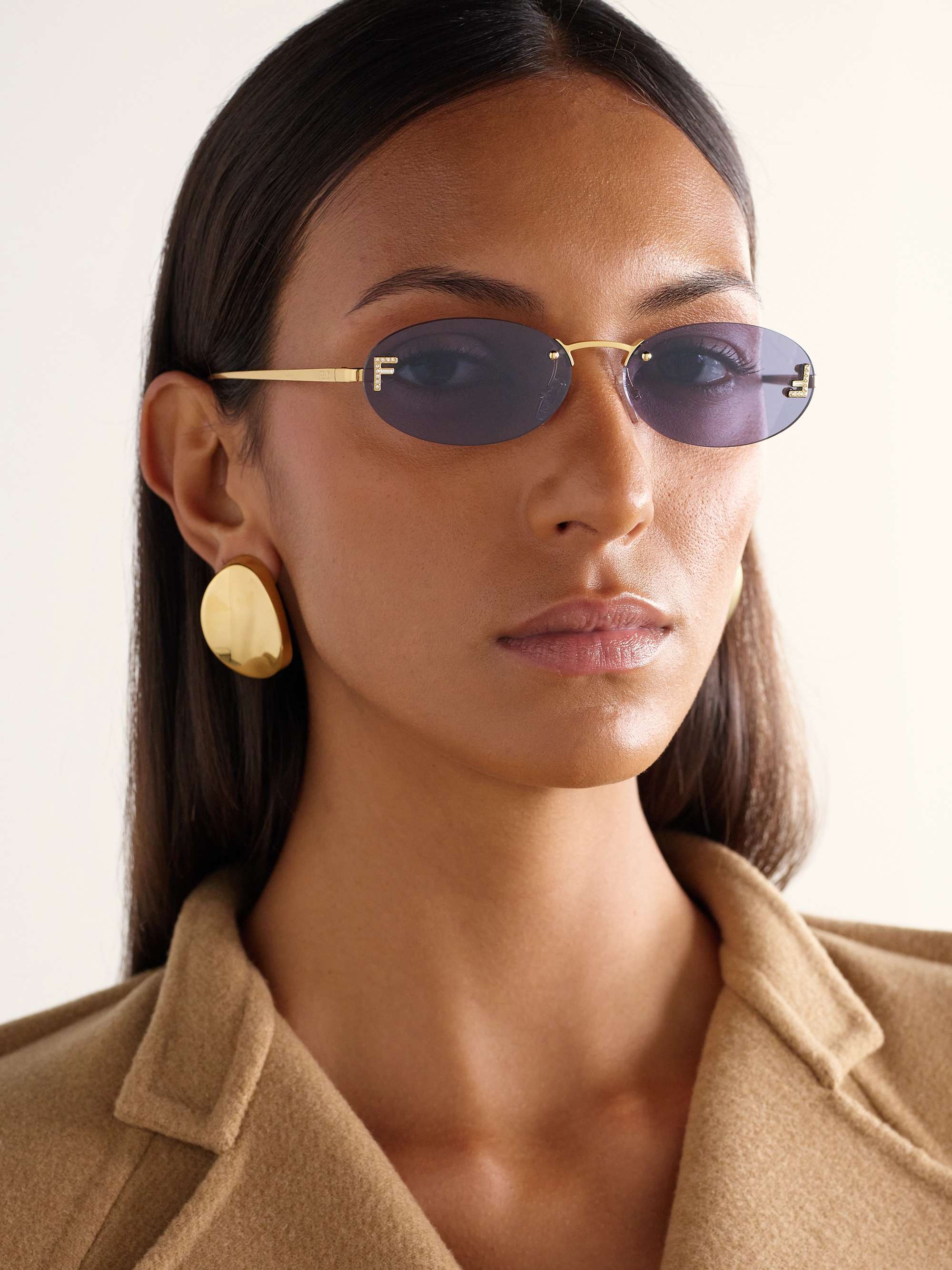 FENDI EYEWEAR Oval-frame crystal-embellished silver-tone sunglasses