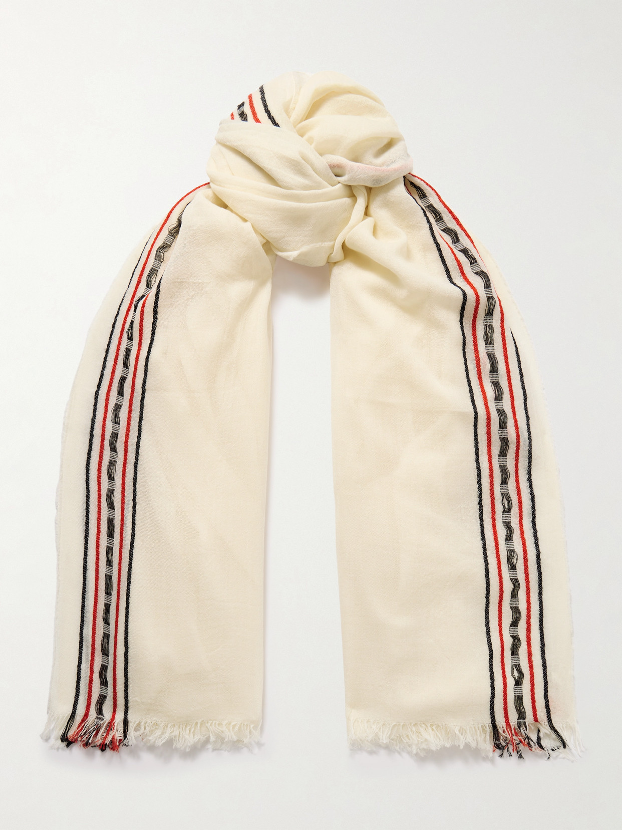 The Row Terela Frayed Striped Wool, Cashmere And Silk-blend Scarf In Cream