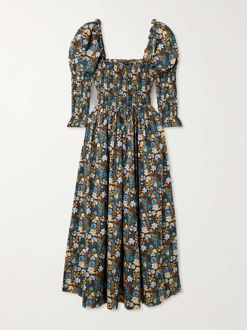 DÔEN Bijou Shirred Floral-print Organic Cotton-voile Midi Dress