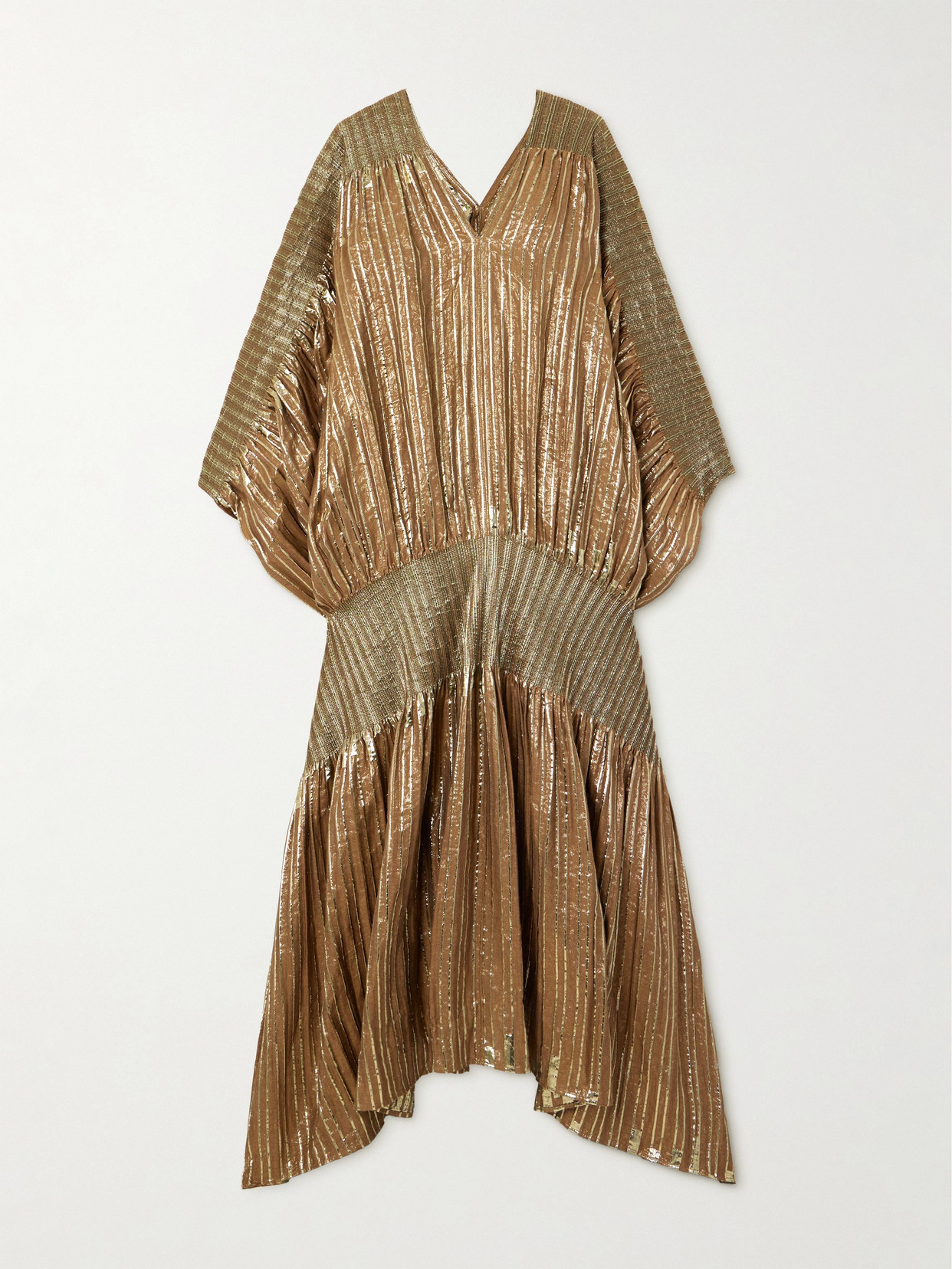 Dima Ayad Striped Metallic Voile And Stretch-knit Kaftan In Gold