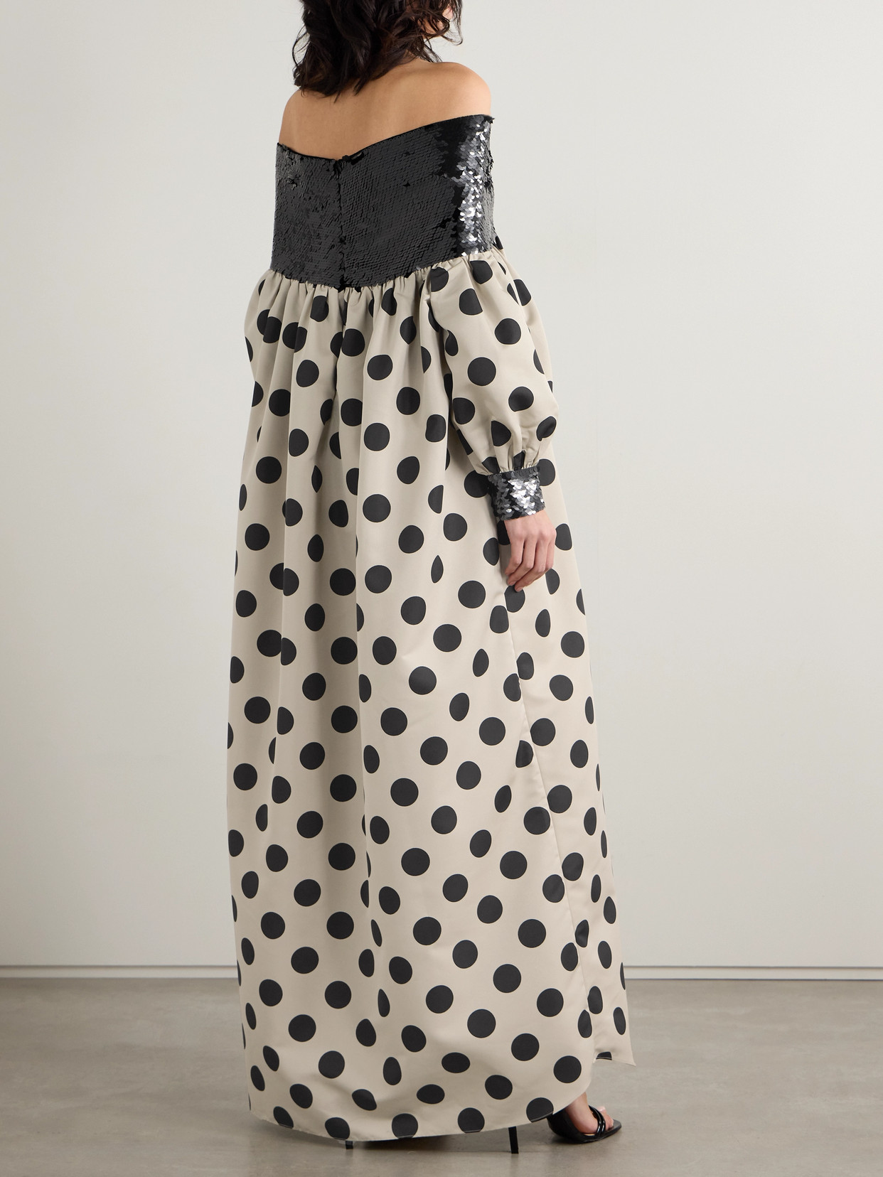 Dima Ayad Off-the-shoulder Tulle-paneled Sequined Polka-dot Satin Maxi Dress In Black