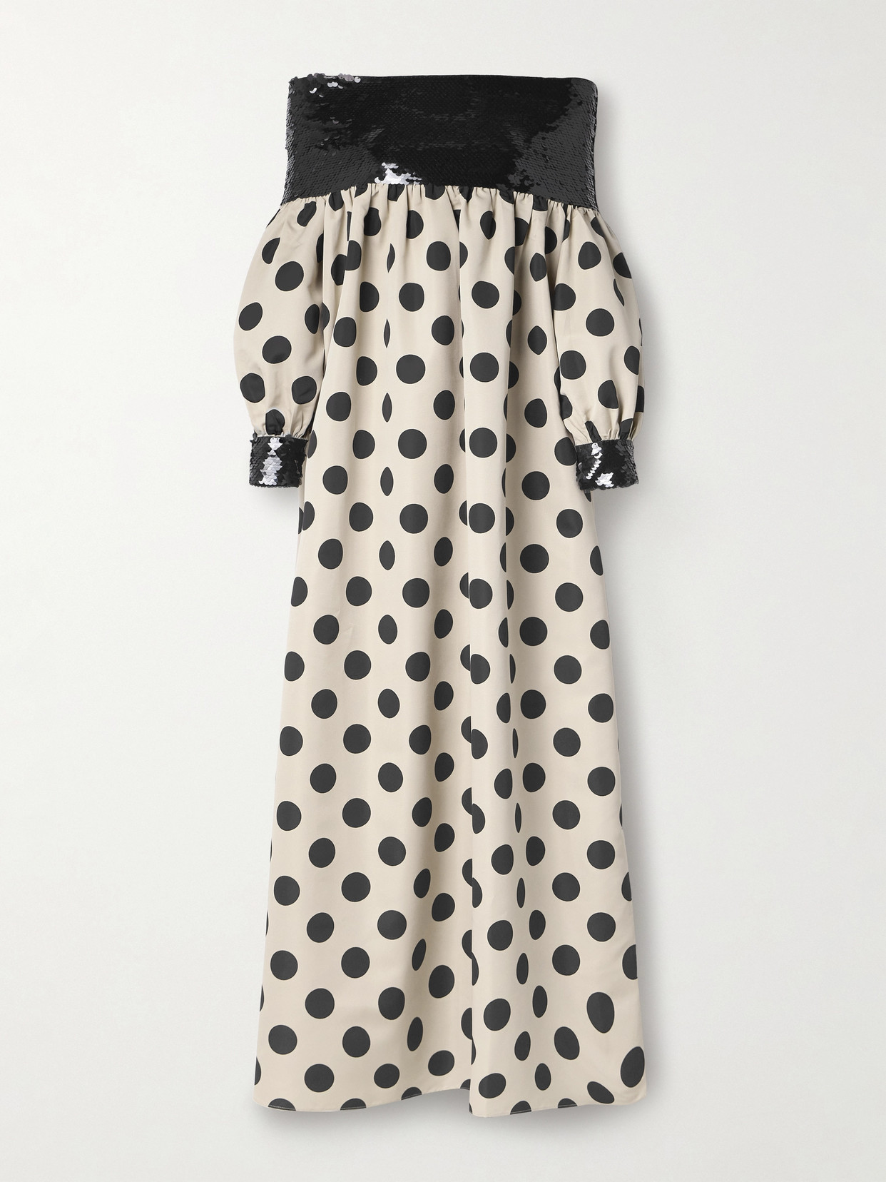 Dima Ayad Off-the-shoulder Tulle-paneled Sequined Polka-dot Satin Maxi Dress In Black