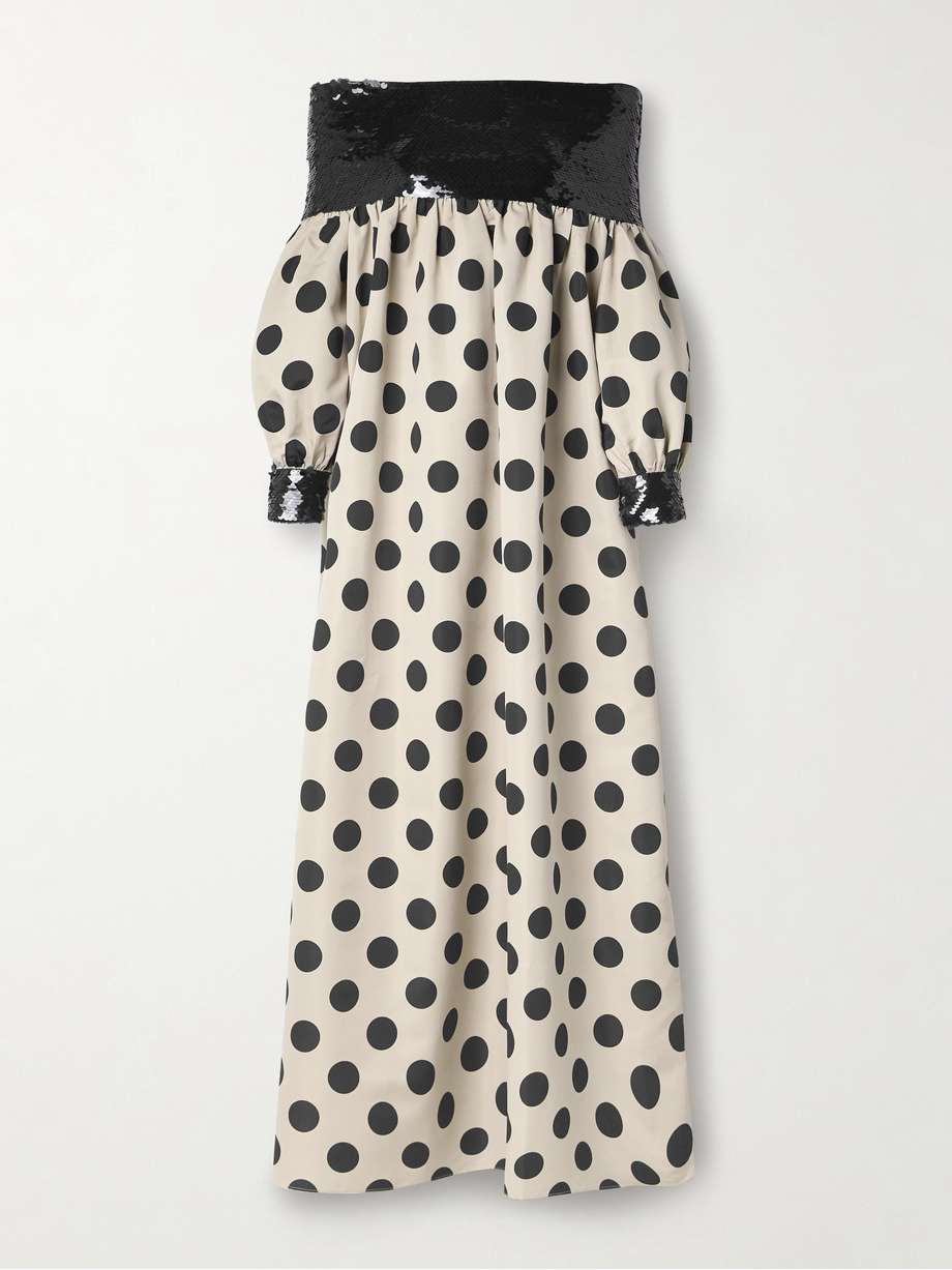 off-the-shoulder tulle-paneled sequined polka-dot satin maxi dress