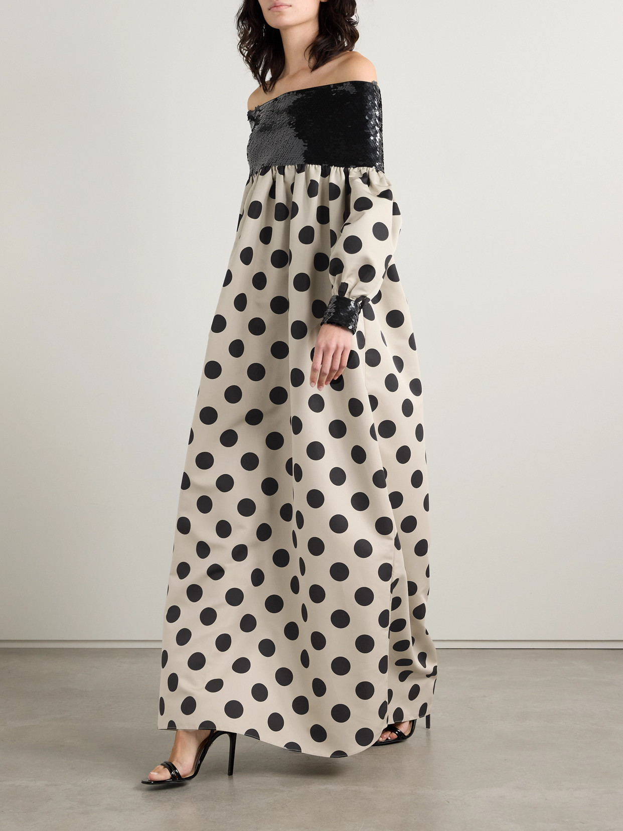 Dima Ayad Off-the-shoulder Tulle-paneled Sequined Polka-dot Satin Maxi Dress In Black