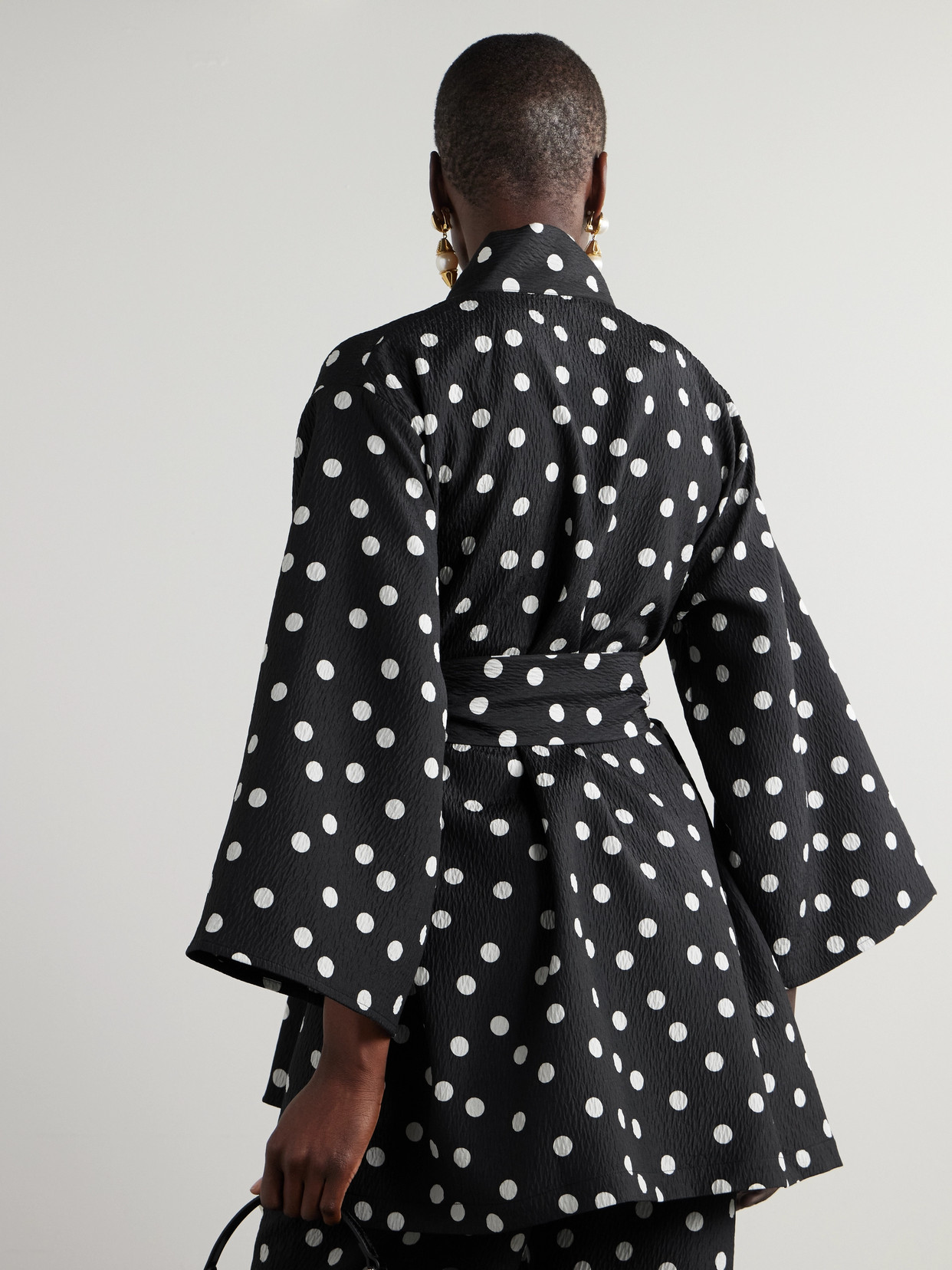 Dima Ayad Belted Polka-dot Textured-crepe Jacket In Black