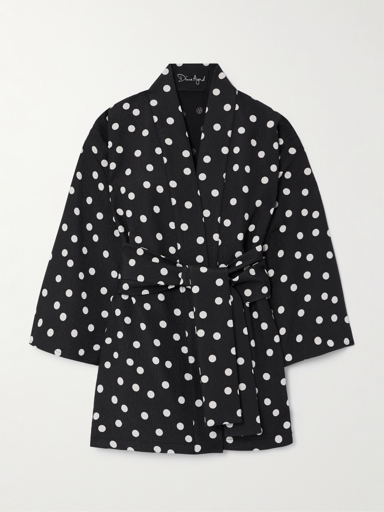 Dima Ayad Belted Polka-dot Textured-crepe Jacket In Black