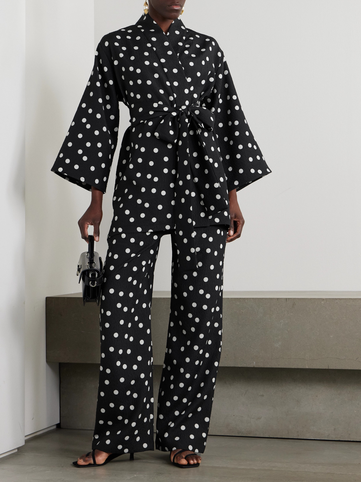 Dima Ayad Belted Polka-dot Textured-crepe Jacket In Black