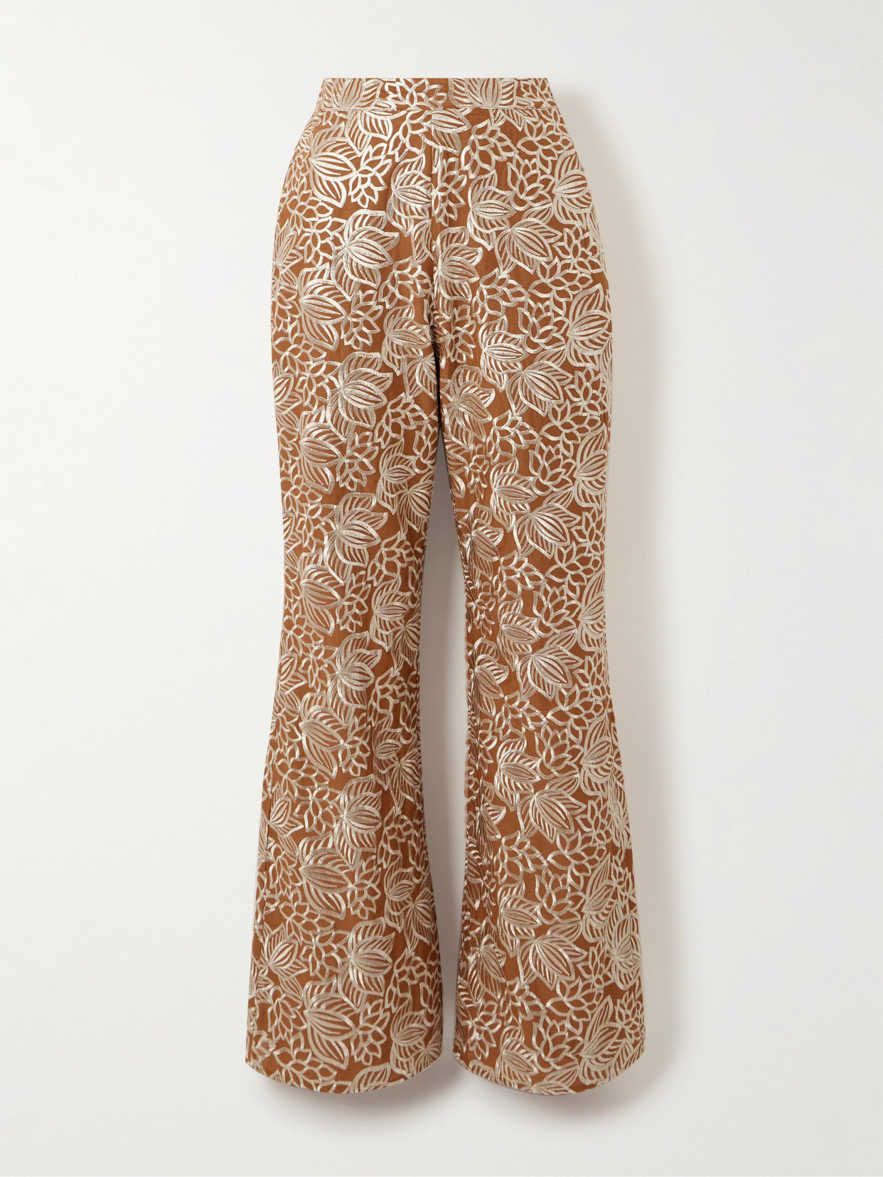 Dima Ayad Embroidered Satin Straight-leg Trousers In Brown