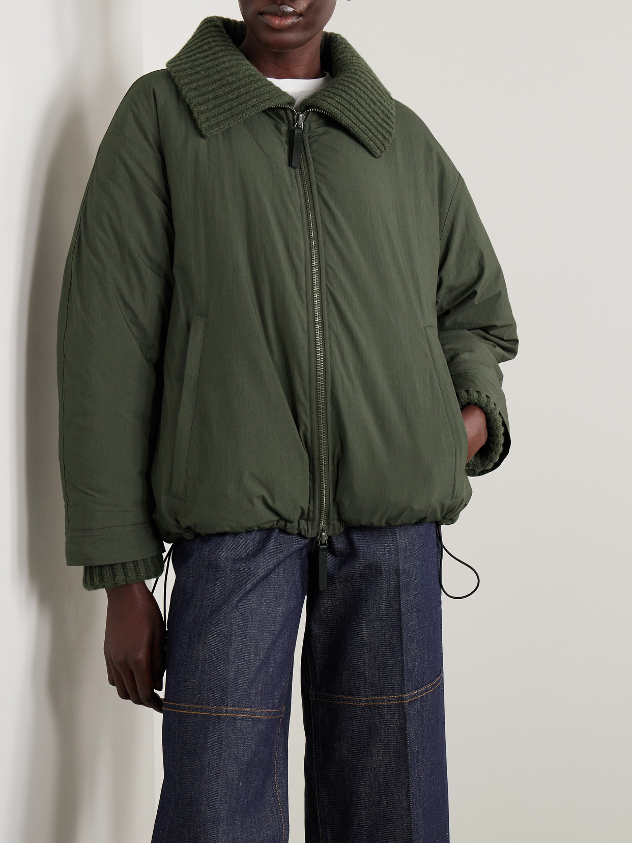 Proenza Schouler White Label Veronica Ribbed-knit Trimmed Padded Cotton-blend Shell Coat In Green