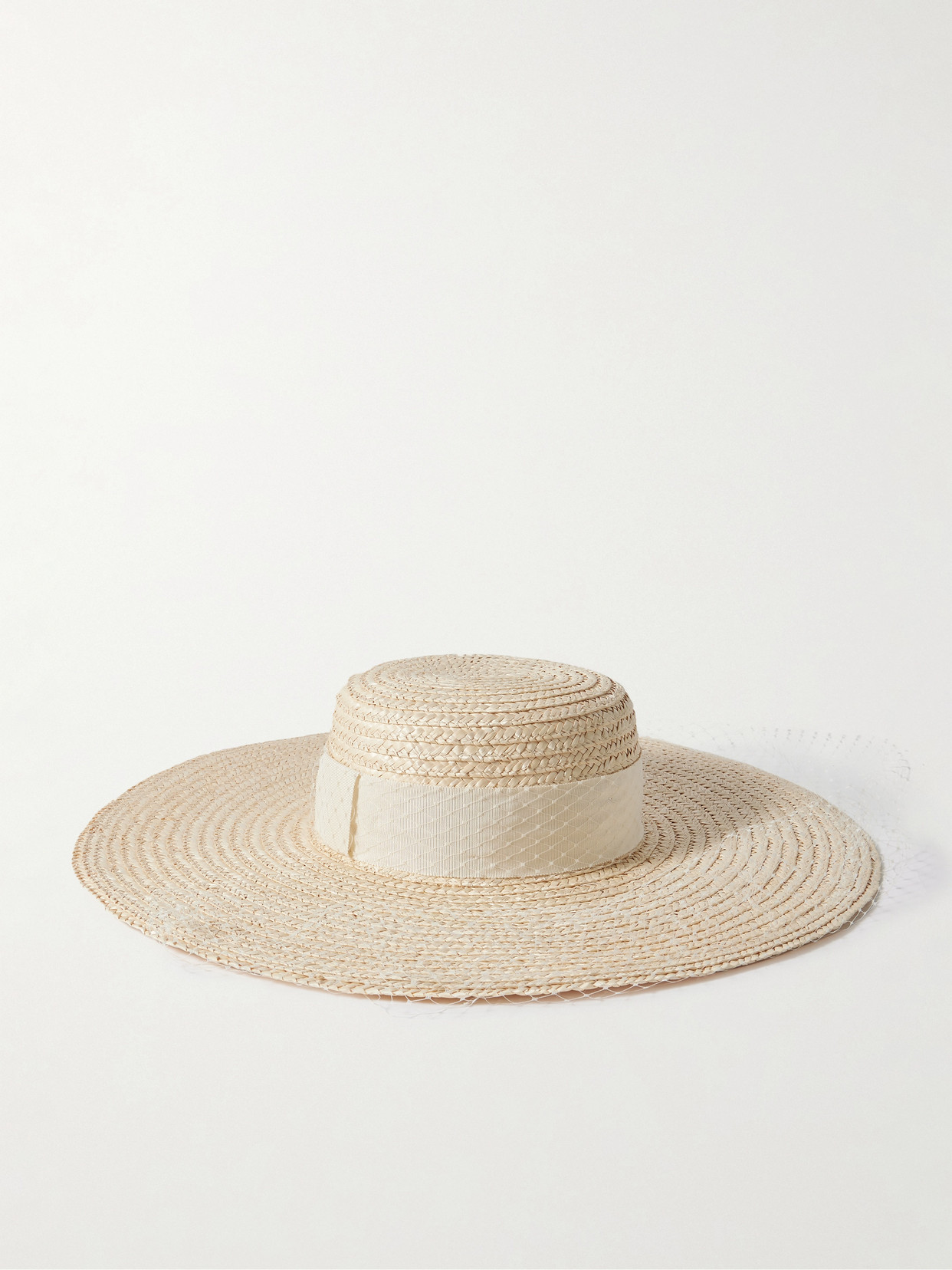 Eugenia Kim Ingrid Grosgrain And Fishnet-trimmed Straw Hat In Neutral