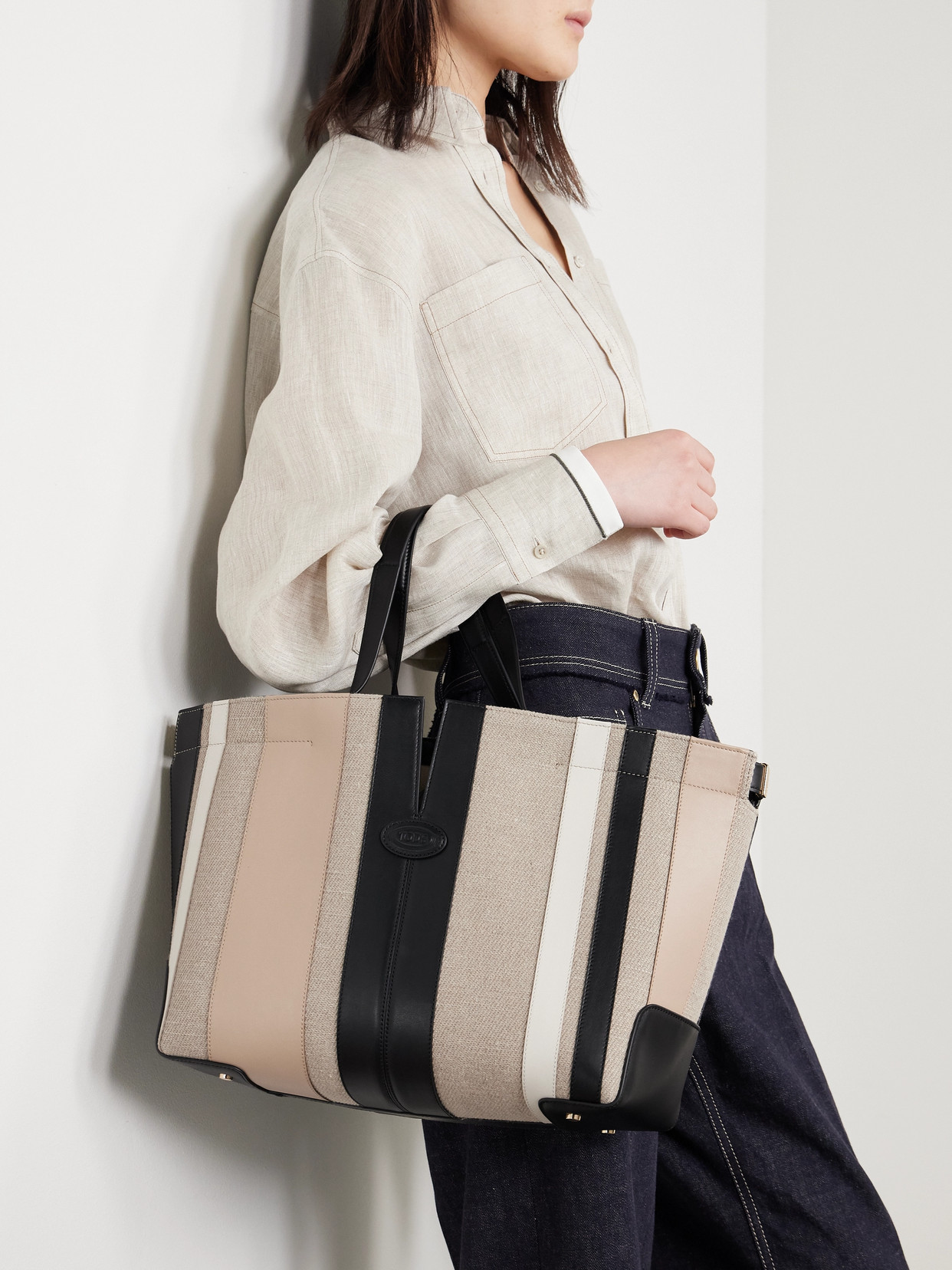 Tod's Di Bag Folio Medium Paneled Leather And Canvas Tote In Brown