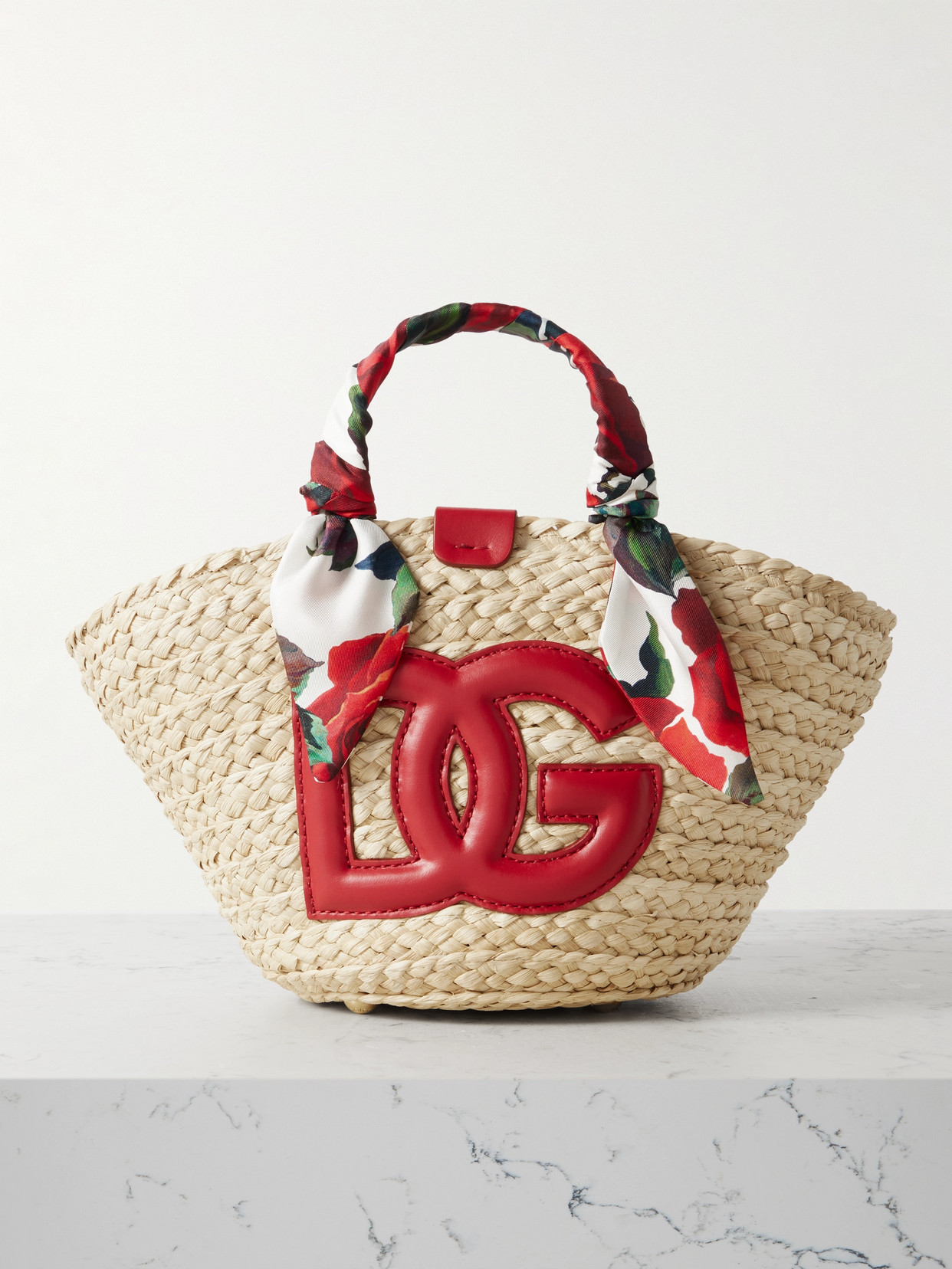 Dolce & Gabbana Kendra Floral-print Silk-twill And Leather-trimmed Woven Straw Tote In Neutrals