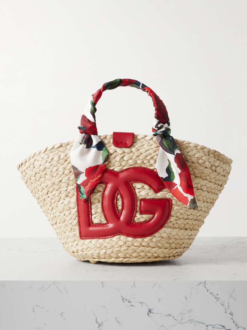 Dolce & Gabbana Kendra Floral-print Silk-twill And Leather-trimmed Woven Straw Tote