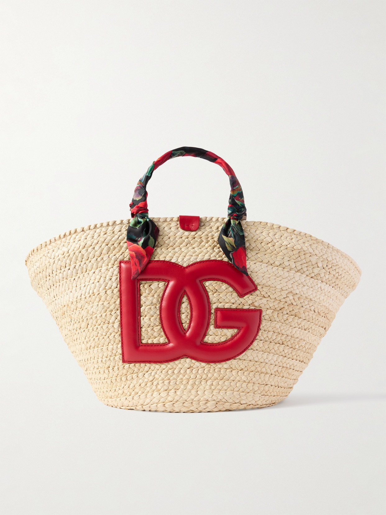 Dolce & Gabbana Kendra Leather And Floral-print Satin Twill-trimmed Raffia Tote In Neutrals