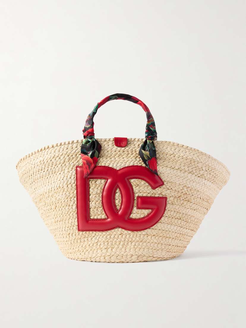 Dolce & Gabbana Kendra Leather And Floral-print Satin Twill-trimmed Raffia Tote