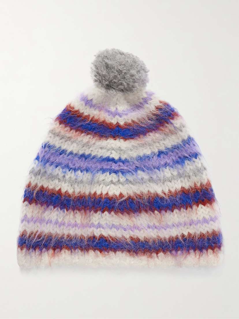 The Elder Statesman Thistle Pompom-embellished Striped Brushed Alpaca-blend Beanie
