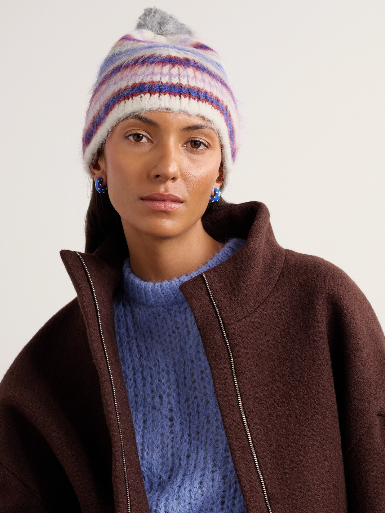 The Elder Statesman Thistle Pompom-embellished Striped Brushed Alpaca-blend Beanie In Purple