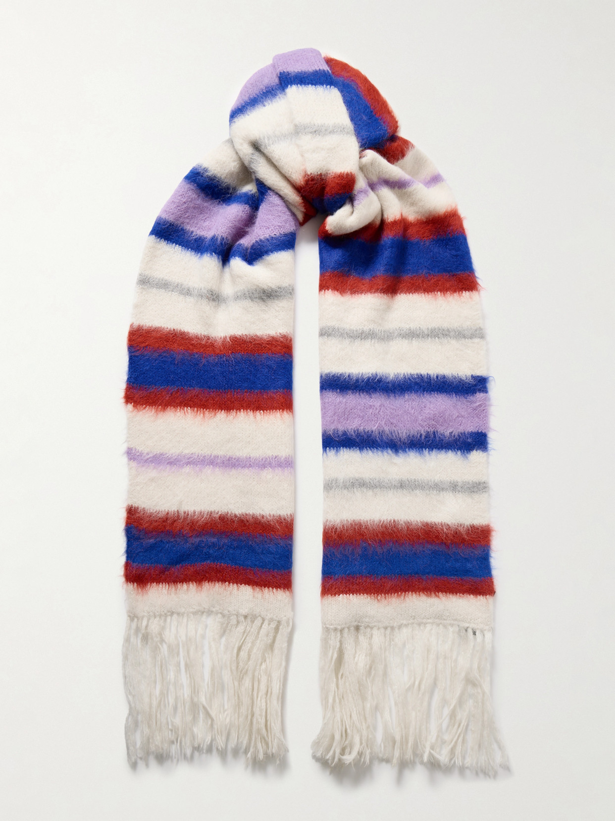 Shop The Elder Statesman Thistle Fringed Striped Alpaca-blend Scarf In Purple