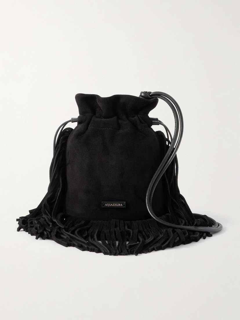 Aquazzura Gytane Mini Leather-trimmed Fringed Suede Pouch