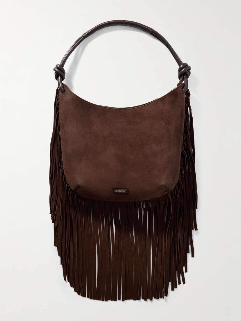 Aquazzura Gytane Leather-trimmed Fringed Suede Shoulder Bag