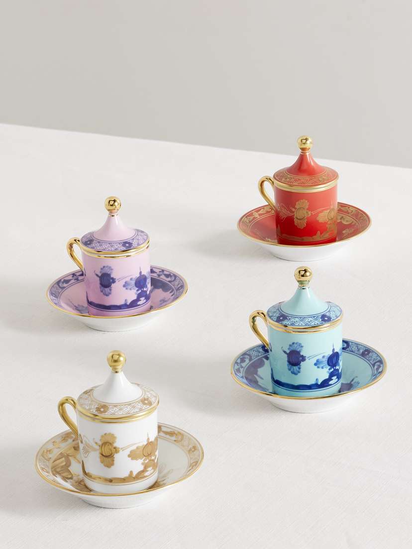 GINORI 1735 Set Of Four Gold-plated Porcelain Coffee Cups And Saucers