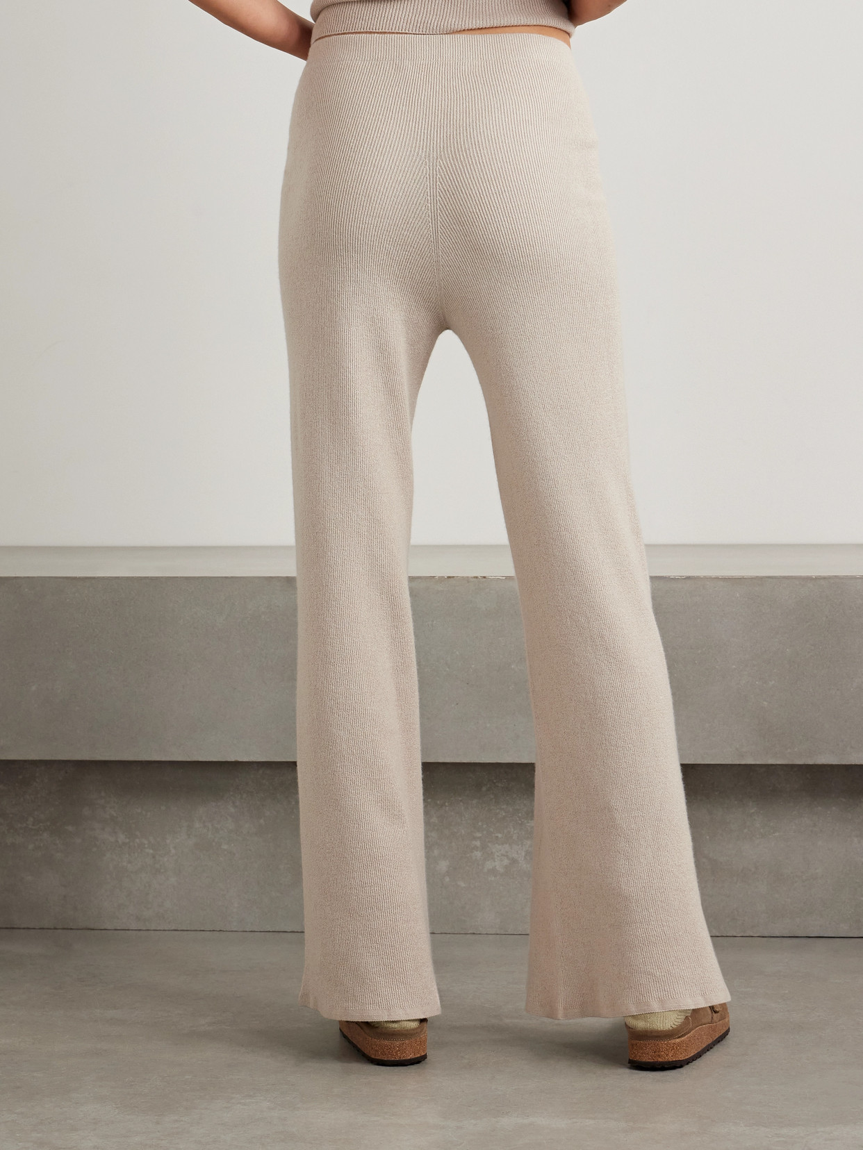 Shop The Elder Statesman Delicash Ribbed Cashmere And Silk-blend Wide-leg Pants In Neutrals