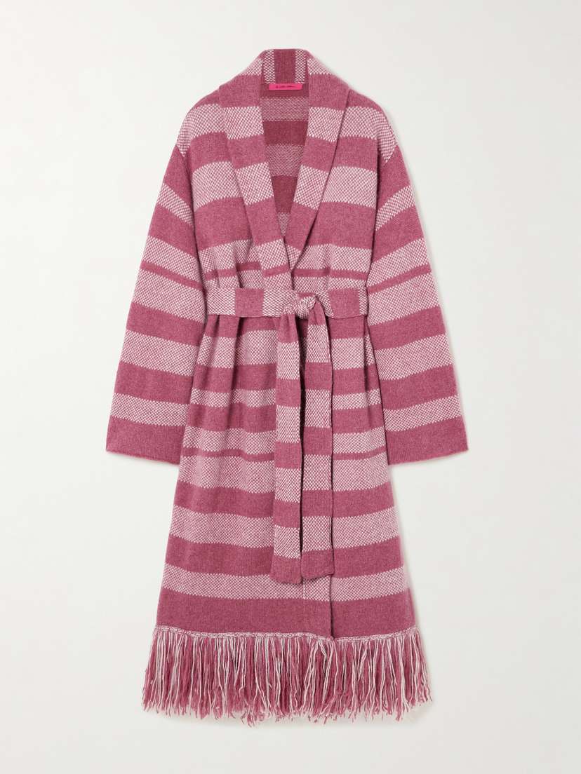 The Elder Statesman Subway Belted Fringed Striped Cashmere Cardigan