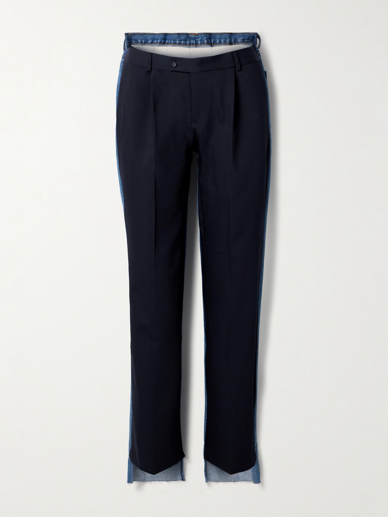 Bettter Denitrouser Paneled Pleated Wool-blend And Denim Pants In Blue