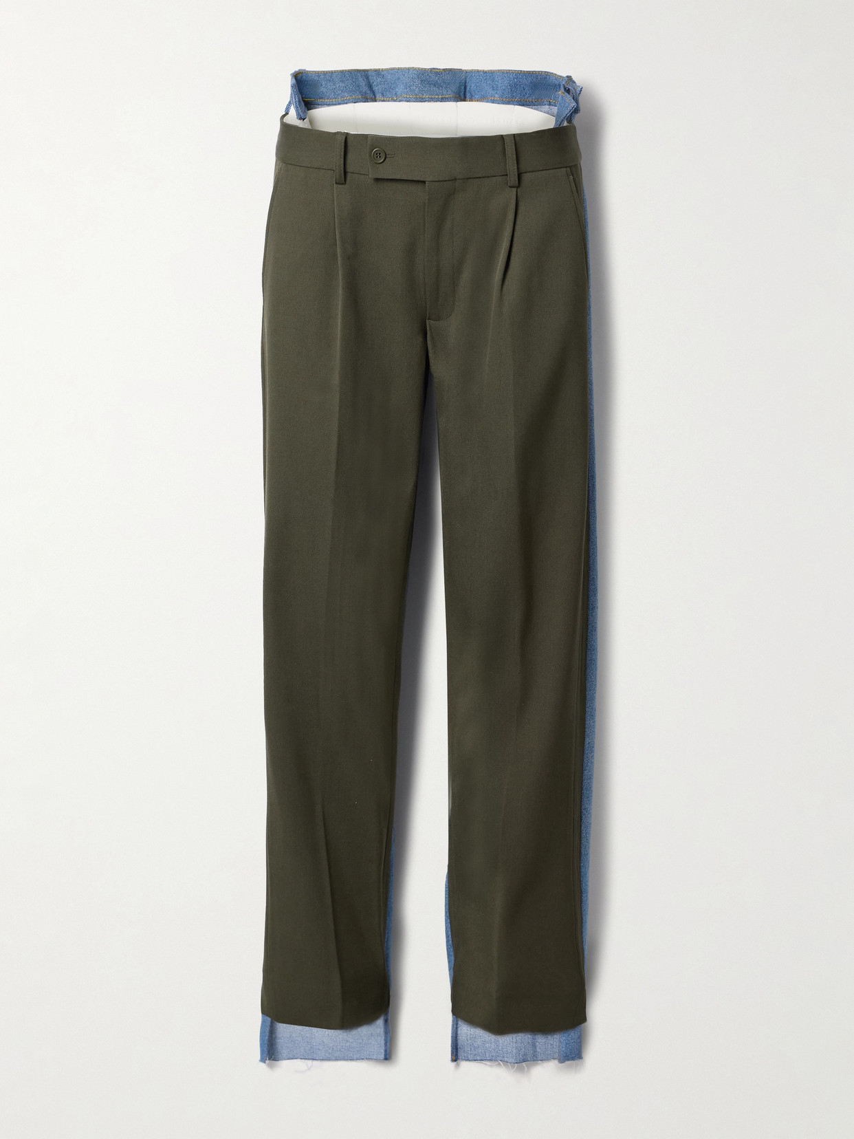 Bettter Denitrouser Paneled Pleated Wool-blend And Denim Pants In Green