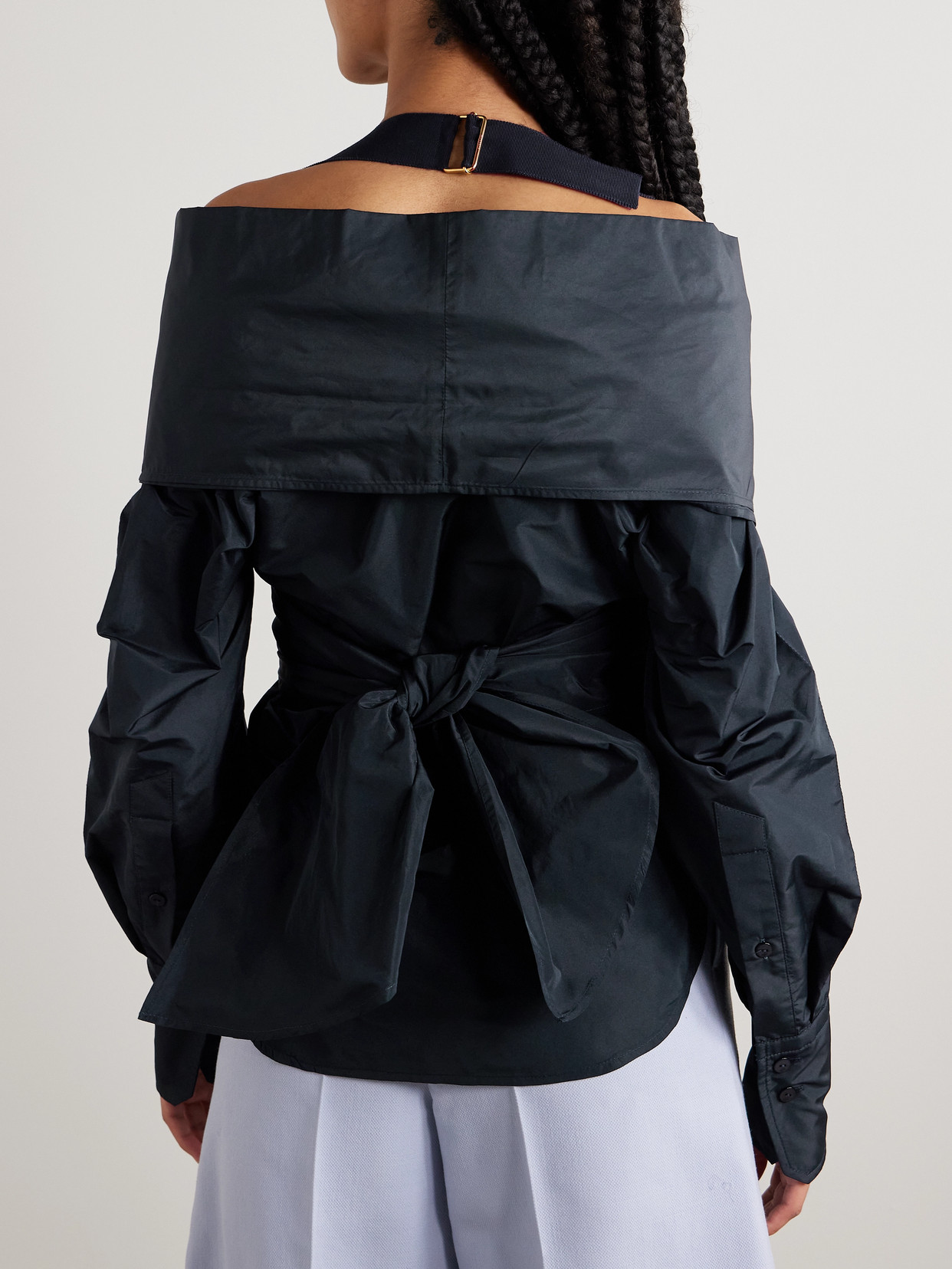 Shop Patou Off-the-shoulder Wrap-effect Sateen Blouse In Blue
