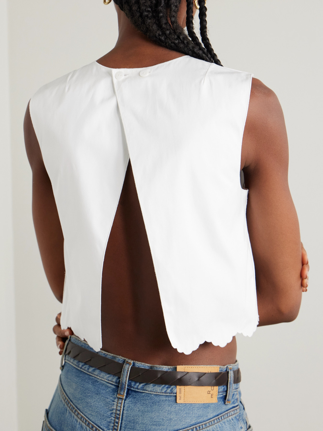 Shop Patou Cropped Open-back Scalloped Cotton-poplin Top In White
