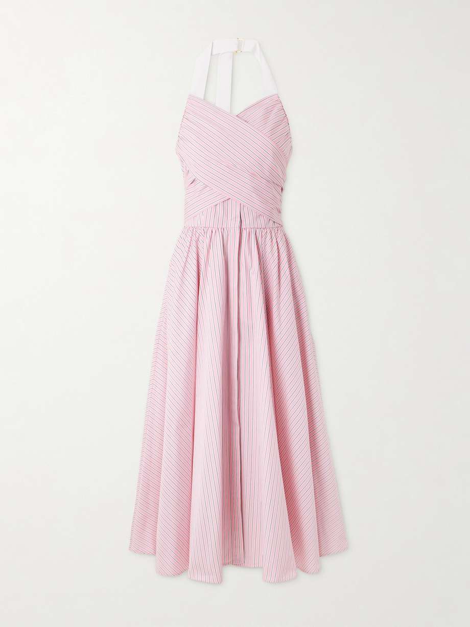 draped striped cotton-poplin halterneck midi dress