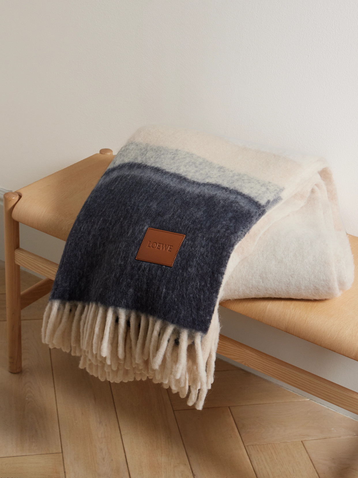 LOEWE - Leather-trimmed Tasseled Alpaca-blend Jacquard Blanket - Blue