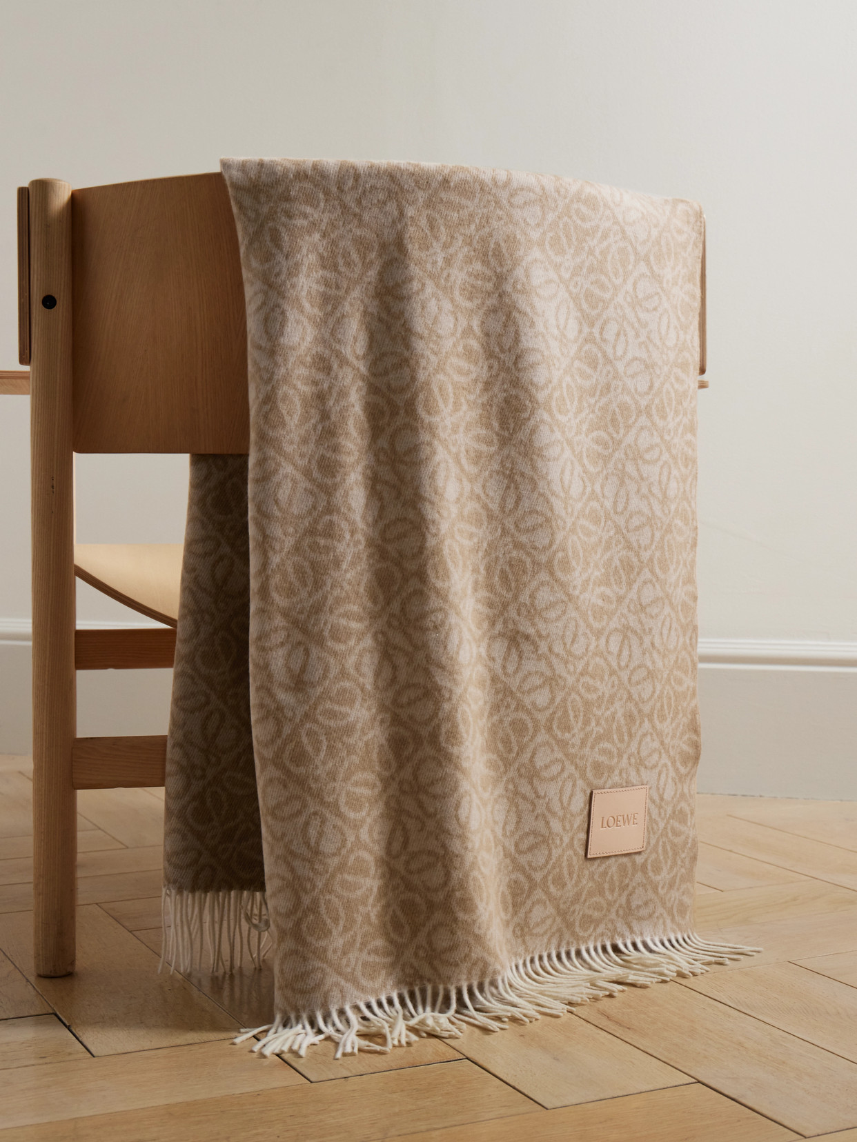 LOEWE - Anagram Leather-trimmed Jacquard-knit Wool And Cashmere-blend Throw - Beige